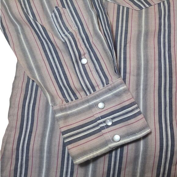 VTG Ruddock Western Pearl Snap Shirt 17.5x34 Tan Stripe USA Made Repair GVC - Picture 3 of 7